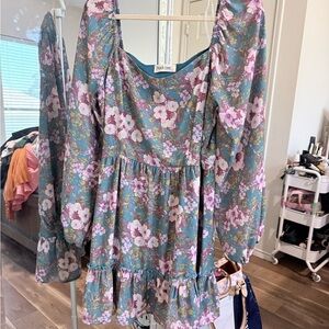 Peach Love California Floral Long Sleeve Dress - Blue and Pink